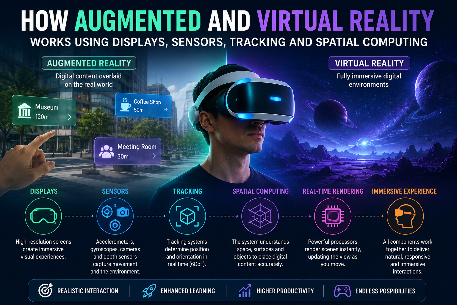 How Augmented and Virtual Reality Technology Works Using Displays, Sensors, Tracking and Spatial Computing